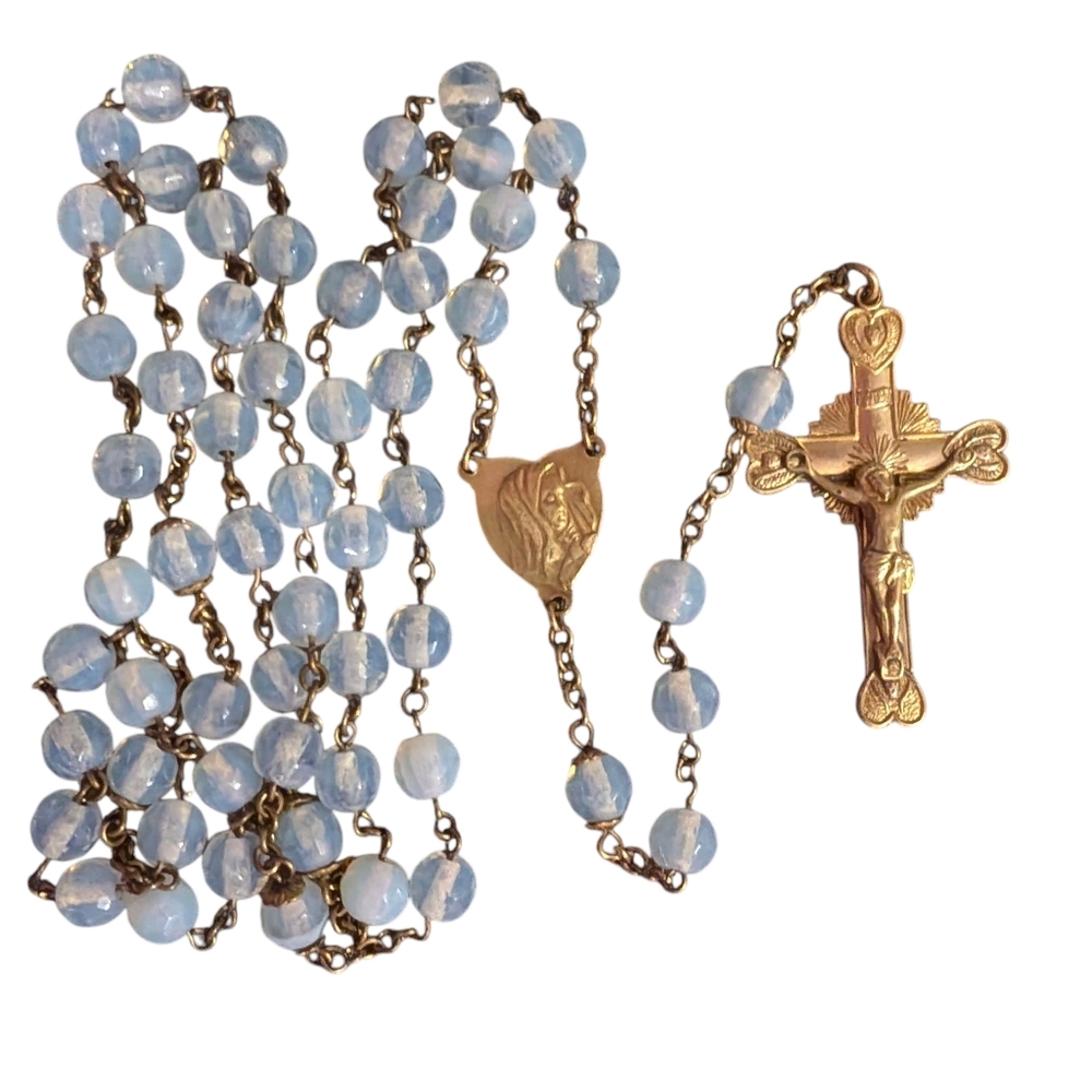Opalite Beaded Rosary with Brass Pendants, Vintage Opalite Rosary